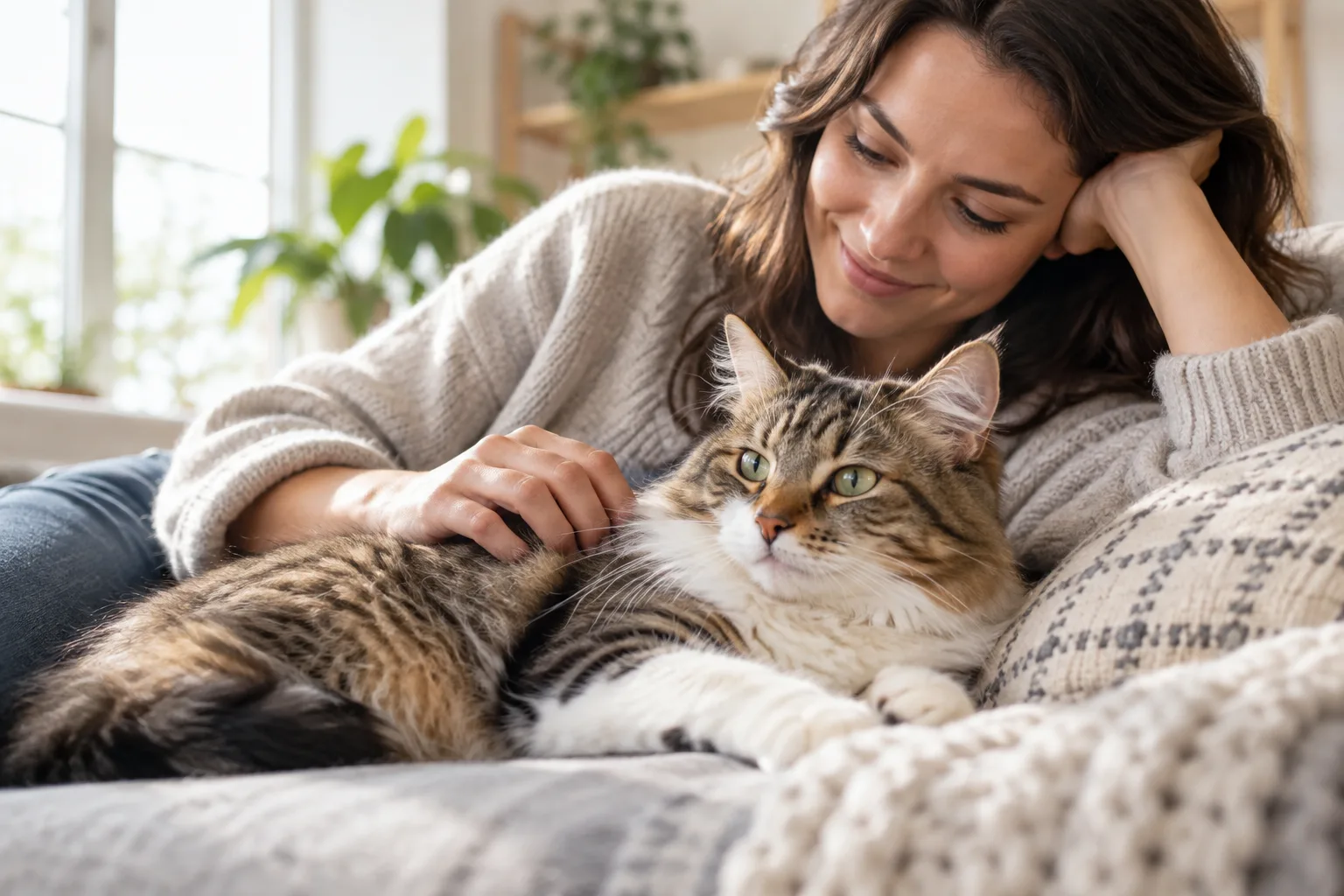 Owner relaxing beside a tabby cat on a sofa