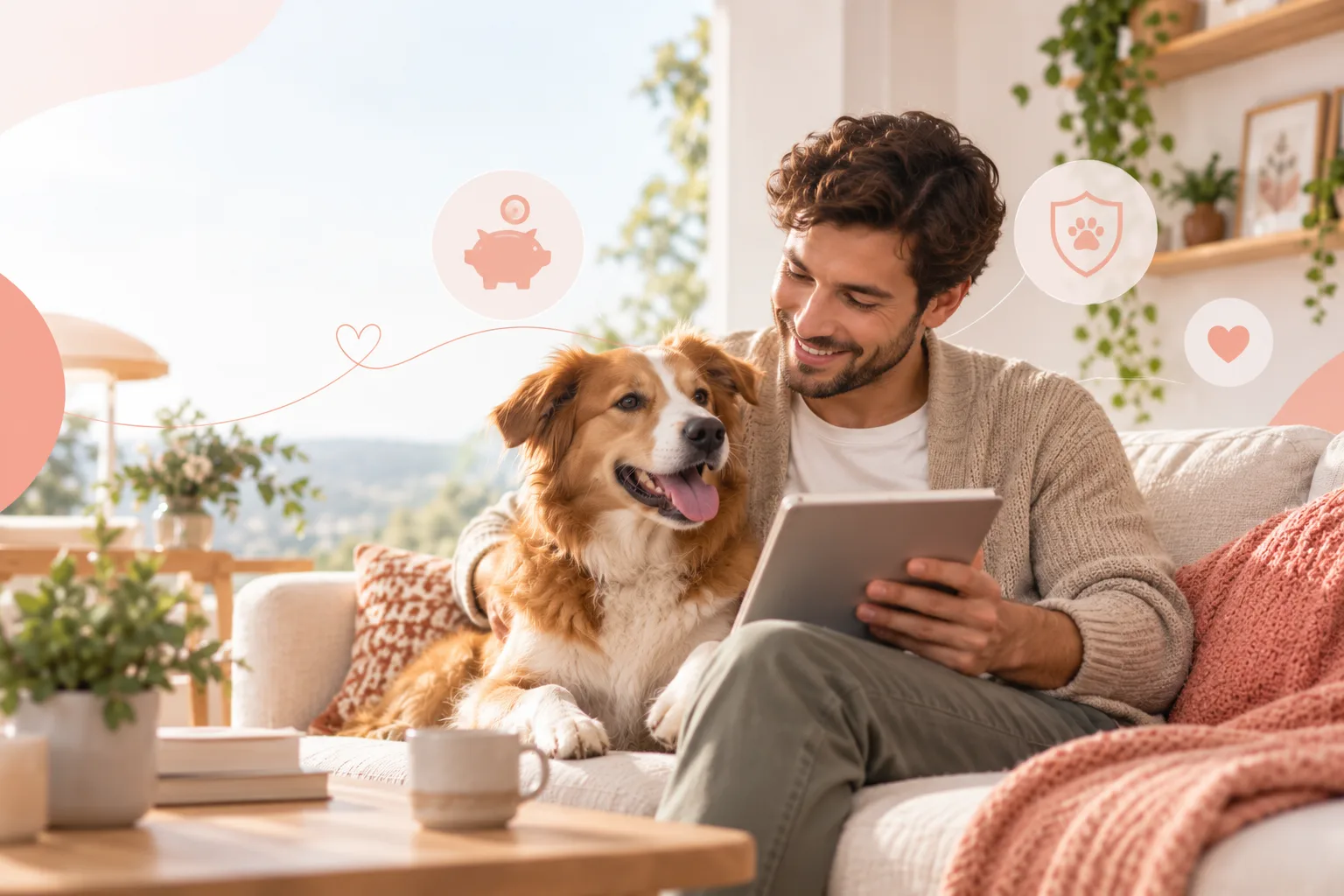 Person using a tablet with a dog resting beside him